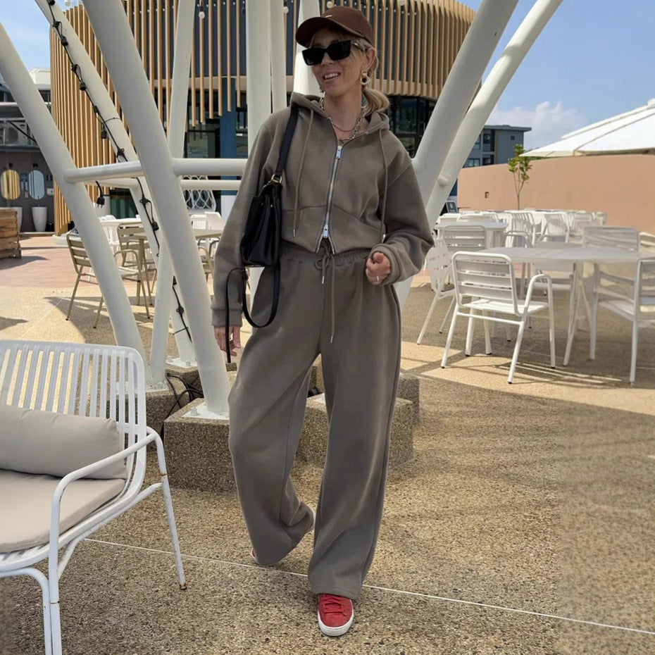 Damen Sportliches Fleece-Loungewear-Set mit Kapuze und verstellbarem Bund Drune