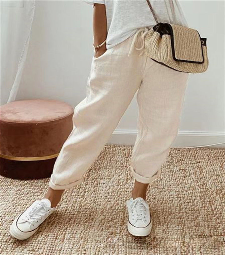 Damen lässige Leinenhose mit körpernaher Passform und praktischen Taschen Drune