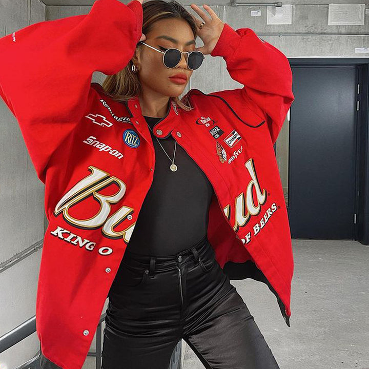 Damen Oversized Collegejacke im Vintage-Stil mit bunten Patches Drune