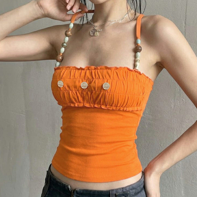 Damen Spitzen-Crop-Top mit dekorativem Rüschen und Knopfdetails Drune