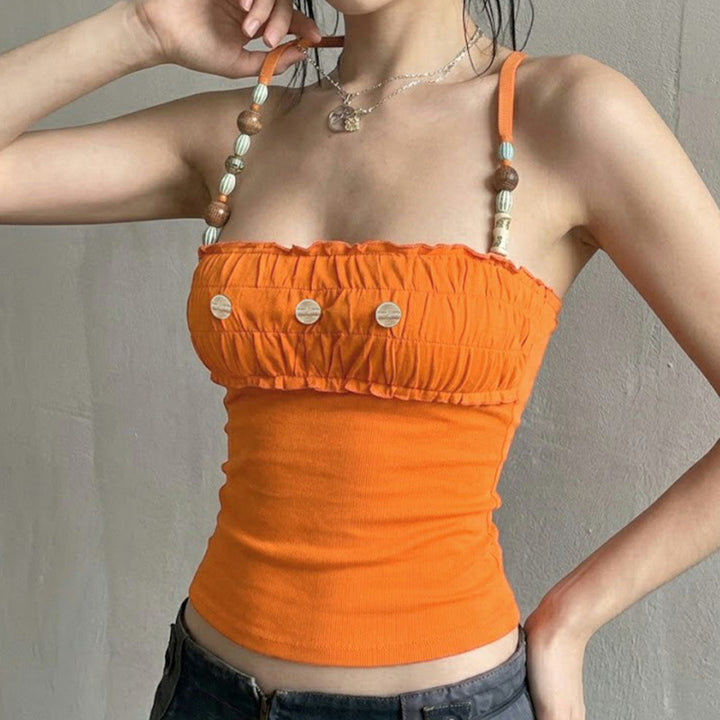 Damen Spitzen-Crop-Top mit dekorativem Rüschen und Knopfdetails Drune