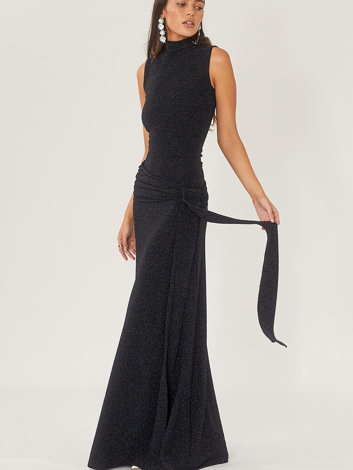 Damen Elegantes Maxikleid mit hochgeschlossenem Kragen und drapiertem Detail Drune