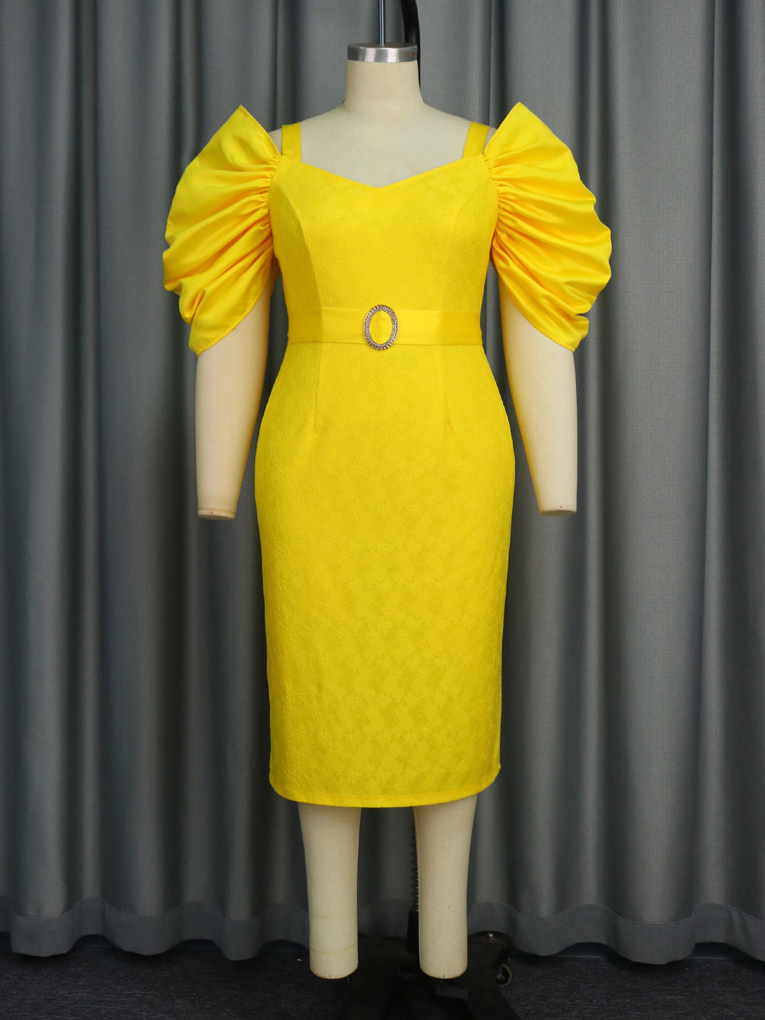 Damen figurbetontes Kleid mit voluminösen Puffärmeln und glitzerndem Gürtel Drune