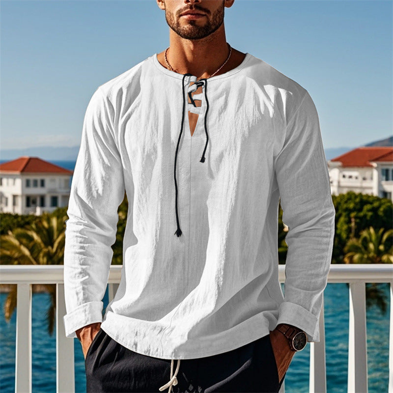 Herren modisches Langarmshirt mit Schnürung und V-Ausschnitt Drune