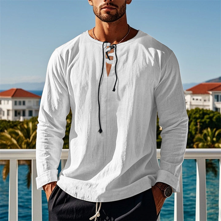 Herren modisches Langarmshirt mit Schnürung und V-Ausschnitt Drune