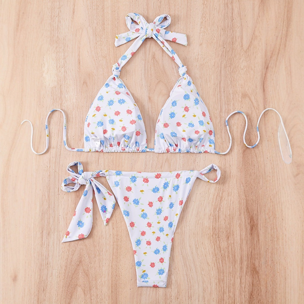 Damen Floral gemusterter Triangel-Bikini mit verspieltem Bindeband Drune