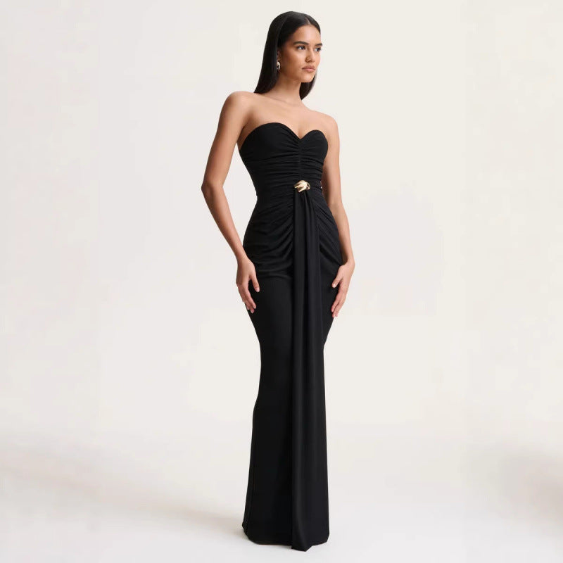 Damen Elegantes langes Abendkleid mit gerafftem Oberteil und goldener Schnalle Drune