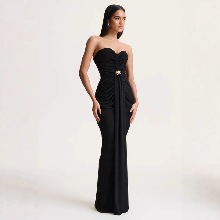 Damen Elegantes langes Abendkleid mit gerafftem Oberteil und goldener Schnalle Drune