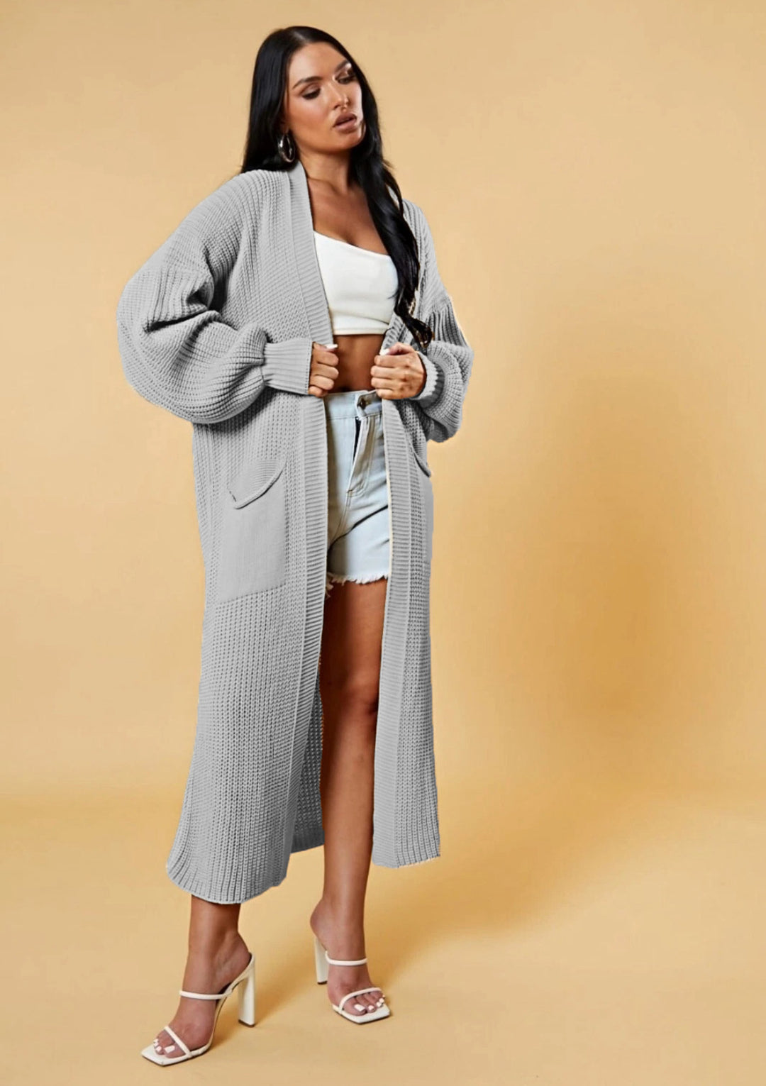 Damen Langstrick-Cardigan mit offenem Design und praktischen Taschen Drune