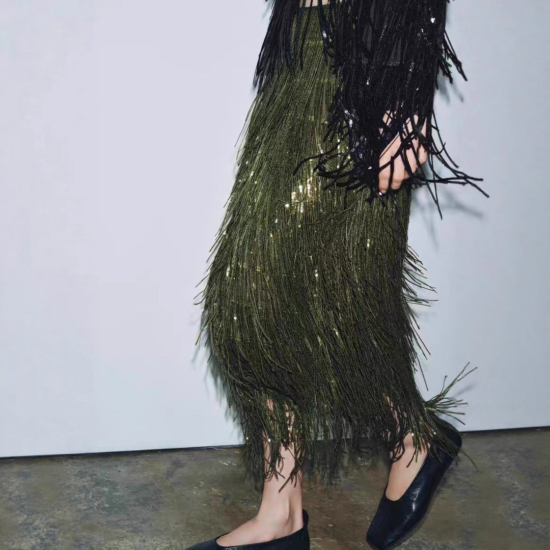 Damen Fransenrock aus schimmerndem Material mit eleganten Details Drune