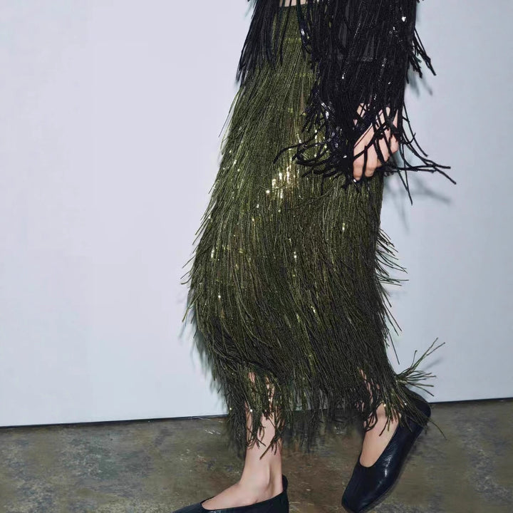 Damen Fransenrock aus schimmerndem Material mit eleganten Details Drune