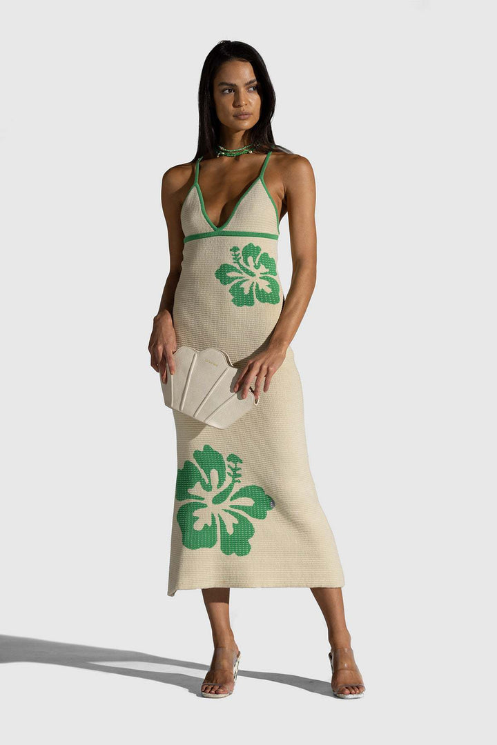Damen Maxikleid mit raffiniertem Häkelmuster und floralen Akzenten Drune