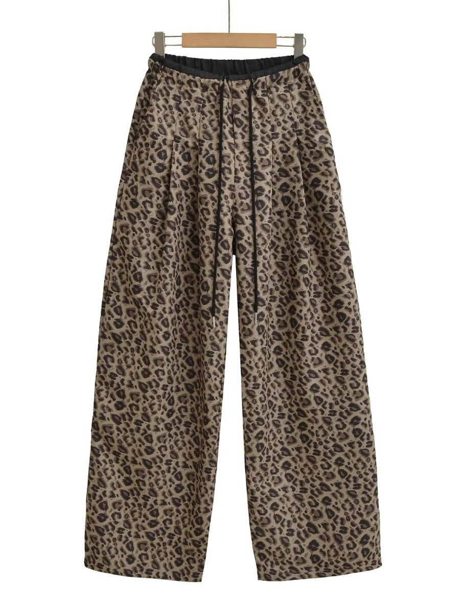 Damen Trendige weite Leoparden-Hose mit elastischem Bund und Bindegürtel Drune