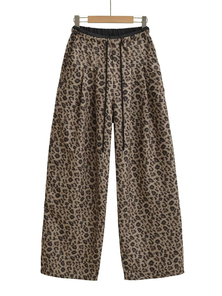Damen Trendige weite Leoparden-Hose mit elastischem Bund und Bindegürtel Drune