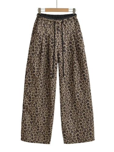 Damen Trendige weite Leoparden-Hose mit elastischem Bund und Bindegürtel Drune