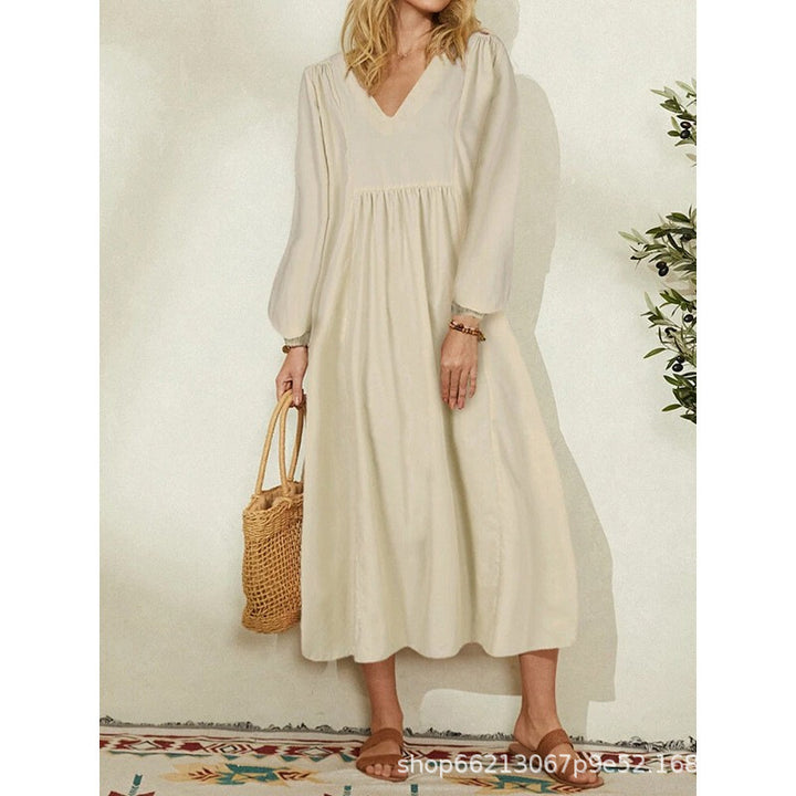Damen leichtes Maxikleid mit V-Ausschnitt und ballonähnlichen Ärmeln Drune