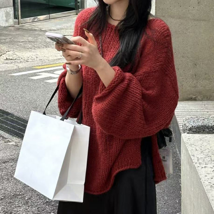 Drune | Übergröße Pullover Grobstrick Off Shoulder Langarm Freizeitfit