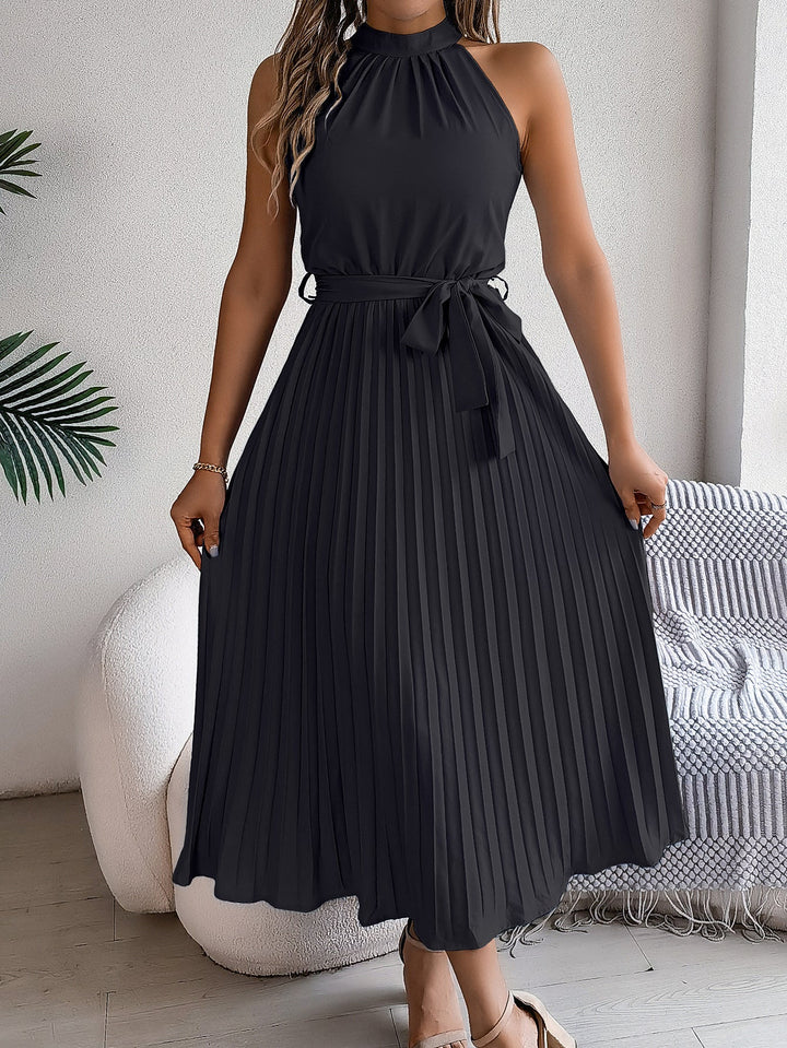 Drune | Frühling Elegante Stehkragen Taille-betonte Falten Maxi Kleid