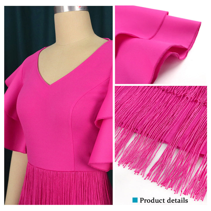Damen Cocktailkleid mit voluminösen Rüschenärmeln und Fransen-Saum Drune