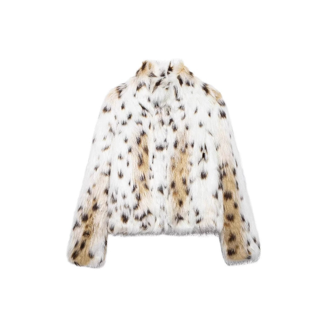 Damen Flauschige Leopardenmuster Kunstpelzjacke Drune