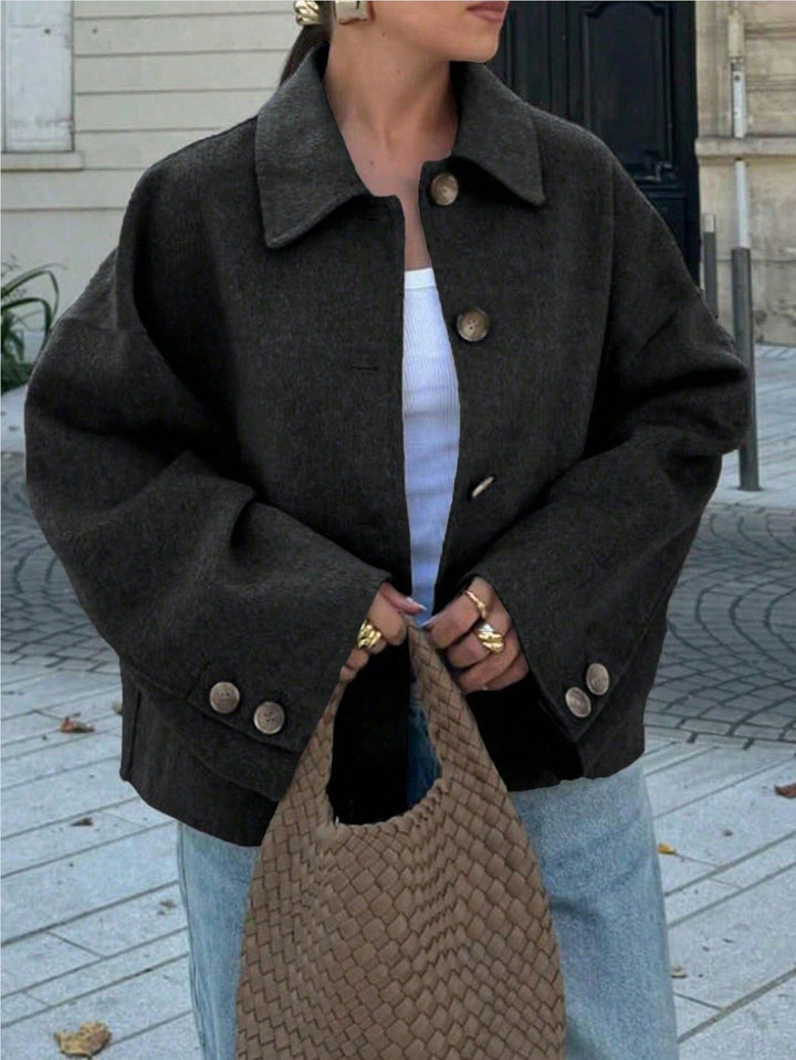 Damen Oversize Wolljacke mit dekorativen Knöpfen Drune