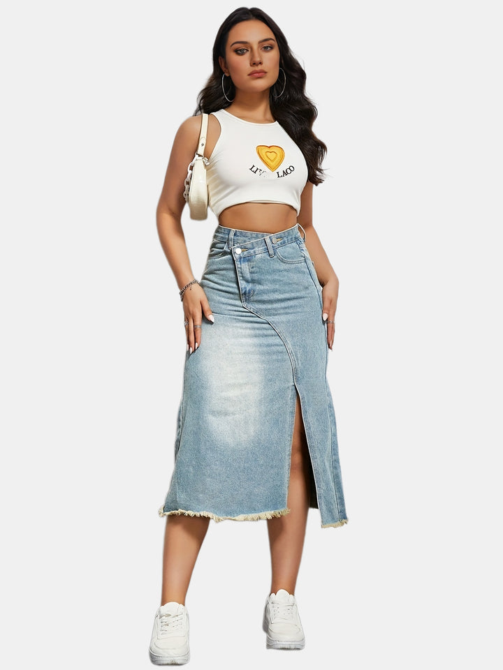 Damen Midi-Jeansrock mit hoher Taille und modischem Fransenabschluss Drune