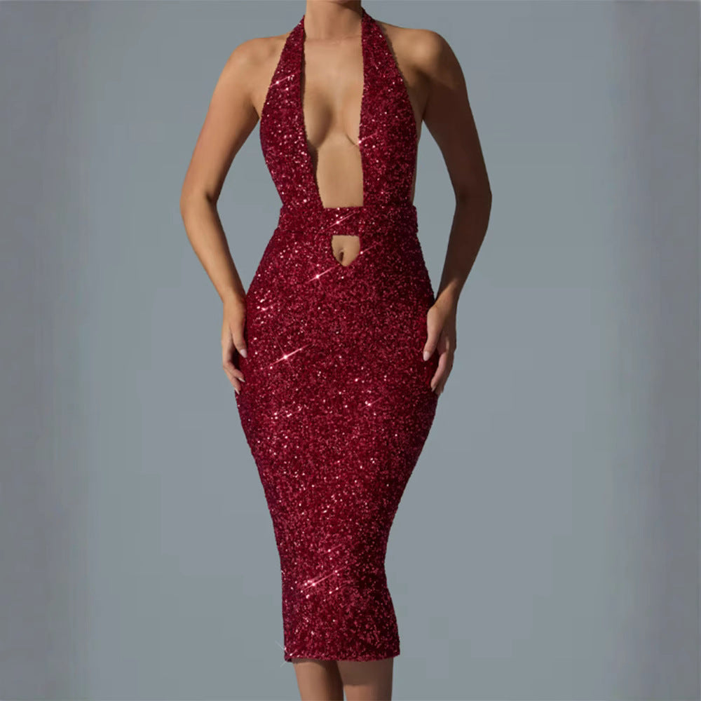 Damen Glamouröses Pailletten-Midi-Kleid mit tiefem V-Ausschnitt und figurbetonter Silhouette Drune