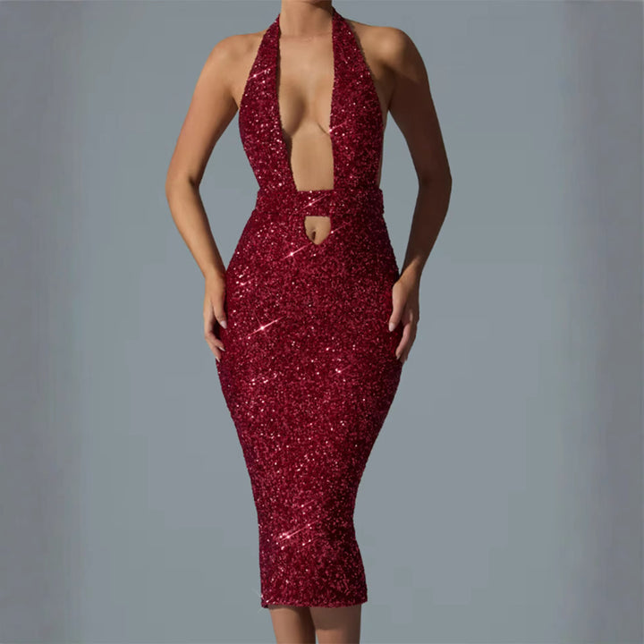Damen Glamouröses Pailletten-Midi-Kleid mit tiefem V-Ausschnitt und figurbetonter Silhouette Drune