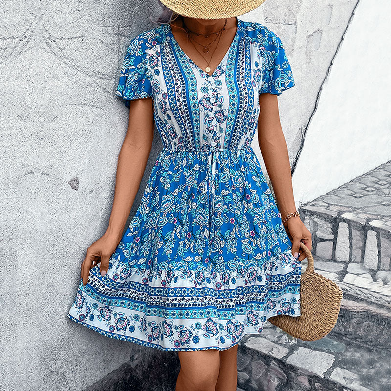 Damen Freizeitkleid mit floralen Mustern und elastischem Taillenzug Drune