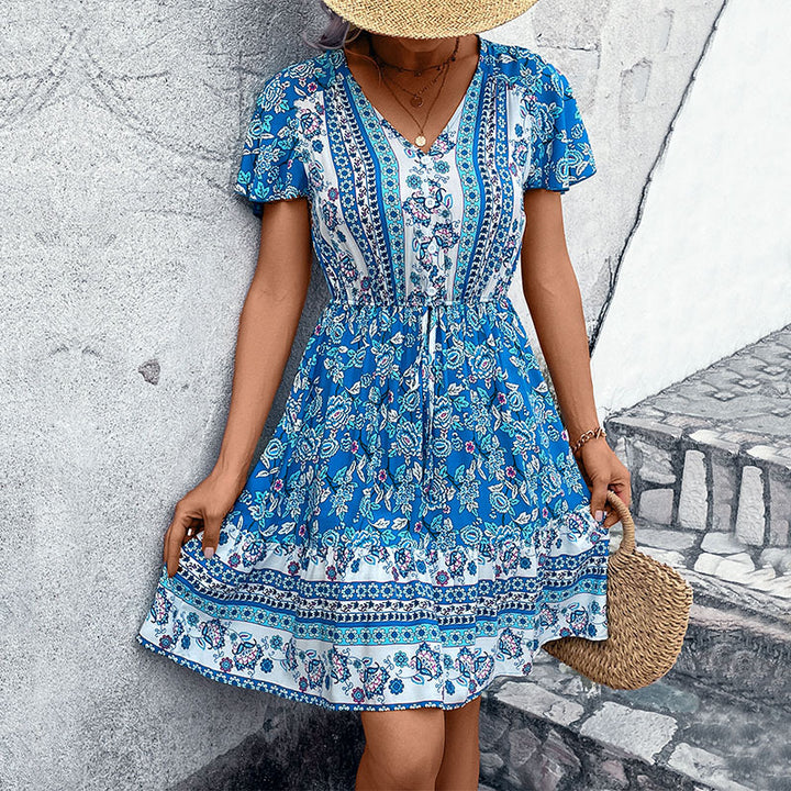 Damen Freizeitkleid mit floralen Mustern und elastischem Taillenzug Drune