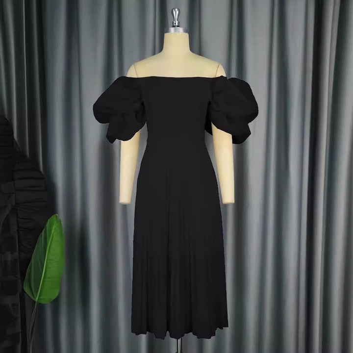 Damen elegantes Midikleid mit Puffärmeln und plissiertem Rock Drune