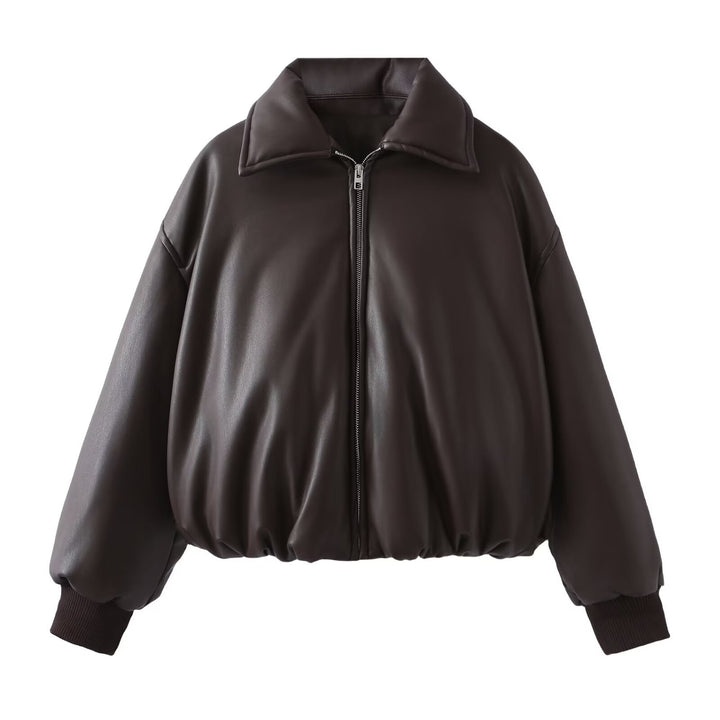 Damen Steppjacke aus Kunstleder mit hohem Kragen und elastischem Bündchen Drune