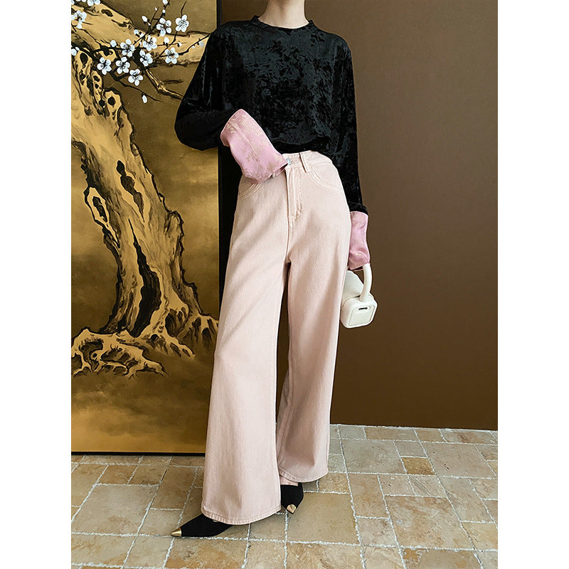 Damen Samtoberteil mit langem Arm und elegantem Rundhalsausschnitt Drune