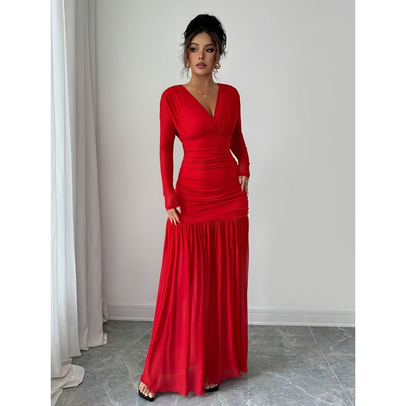 Damen Elegantes und figurbetontes Maxi-Kleid mit V-Ausschnitt und langen Ärmeln Drune
