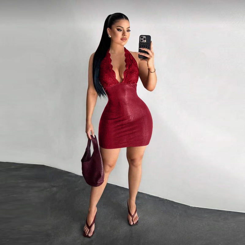 Damen Elegantes Bodycon-Kleid mit Spitzendetails und tiefem V-Ausschnitt Drune