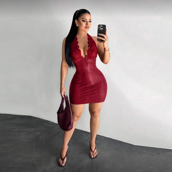 Damen Elegantes Bodycon-Kleid mit Spitzendetails und tiefem V-Ausschnitt Drune