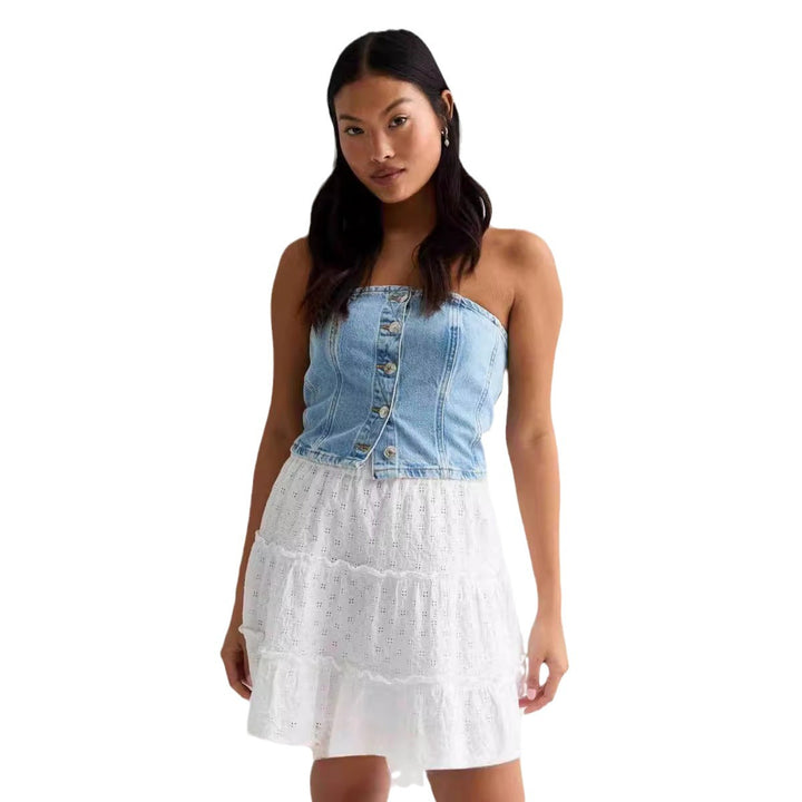 Damen Denim-Crop-Top mit romantischem Rüschenshirt Drune