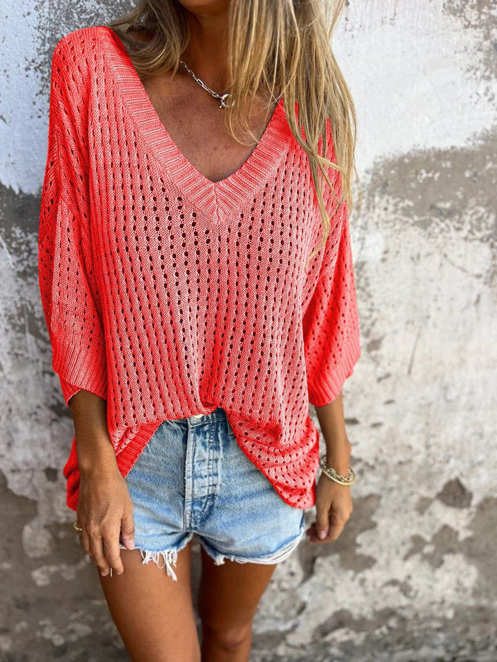 Damen nan luftig gestrickter V-Ausschnitt Pullover im Oversize-Schnitt Drune