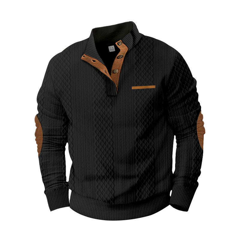 Herren nan strukturierter Strickpullover mit Stehkragen, Knopfleiste und Ellenbogenpatches Drune