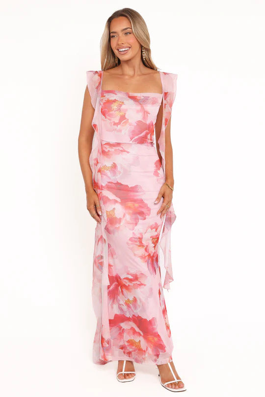 Damen Etuikleid mit romantischem floralem Design und Rüschenärmeln Drune