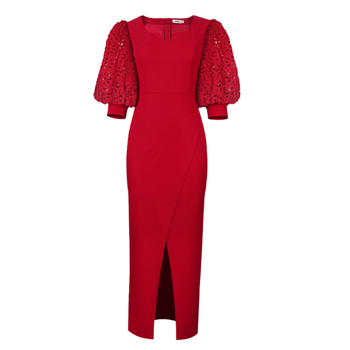 Damen elegantes Maxi-Kleid mit extravaganten Puffärmeln und schickem Schlitz Drune