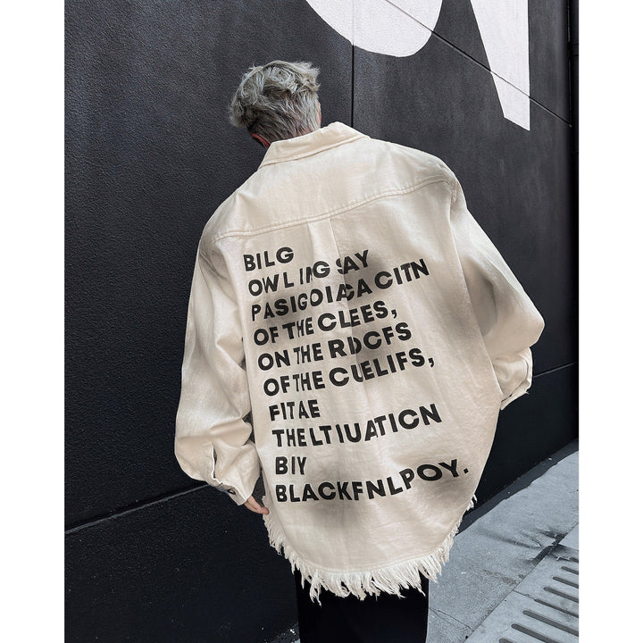 Herren Oversize-Denimjacke mit Fransen und grafischem Druck Drune
