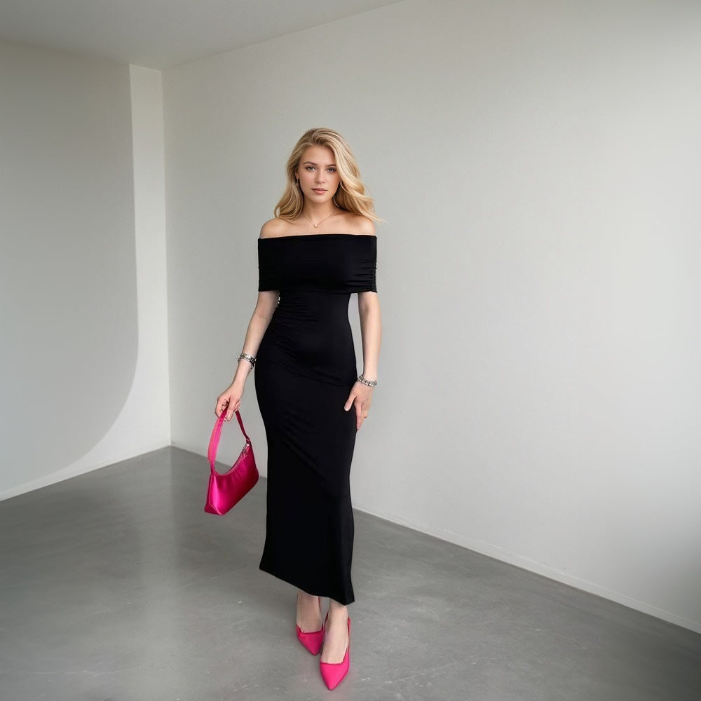 Damen Maxikleid mit schulterfreiem Schnitt und stilvollem Schlitz Drune