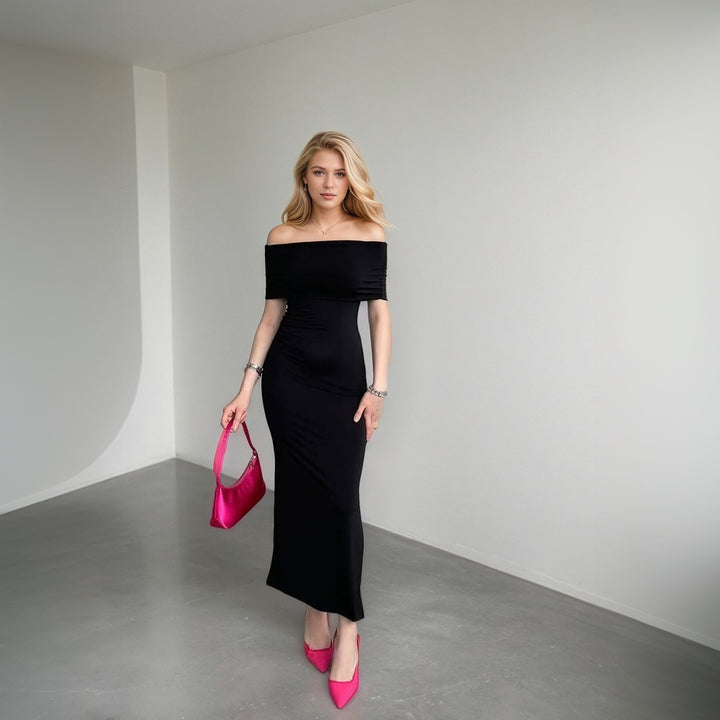 Damen Maxikleid mit schulterfreiem Schnitt und stilvollem Schlitz Drune