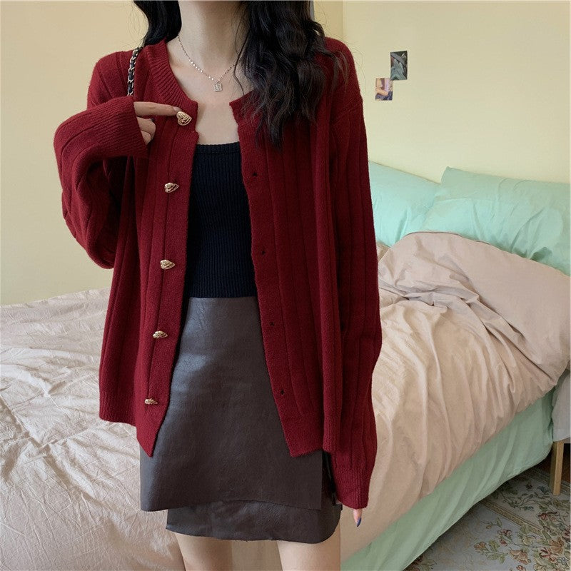 Damen Strickjacke mit dekorativem Knopfdesign und vertikalem Rippmuster Drune