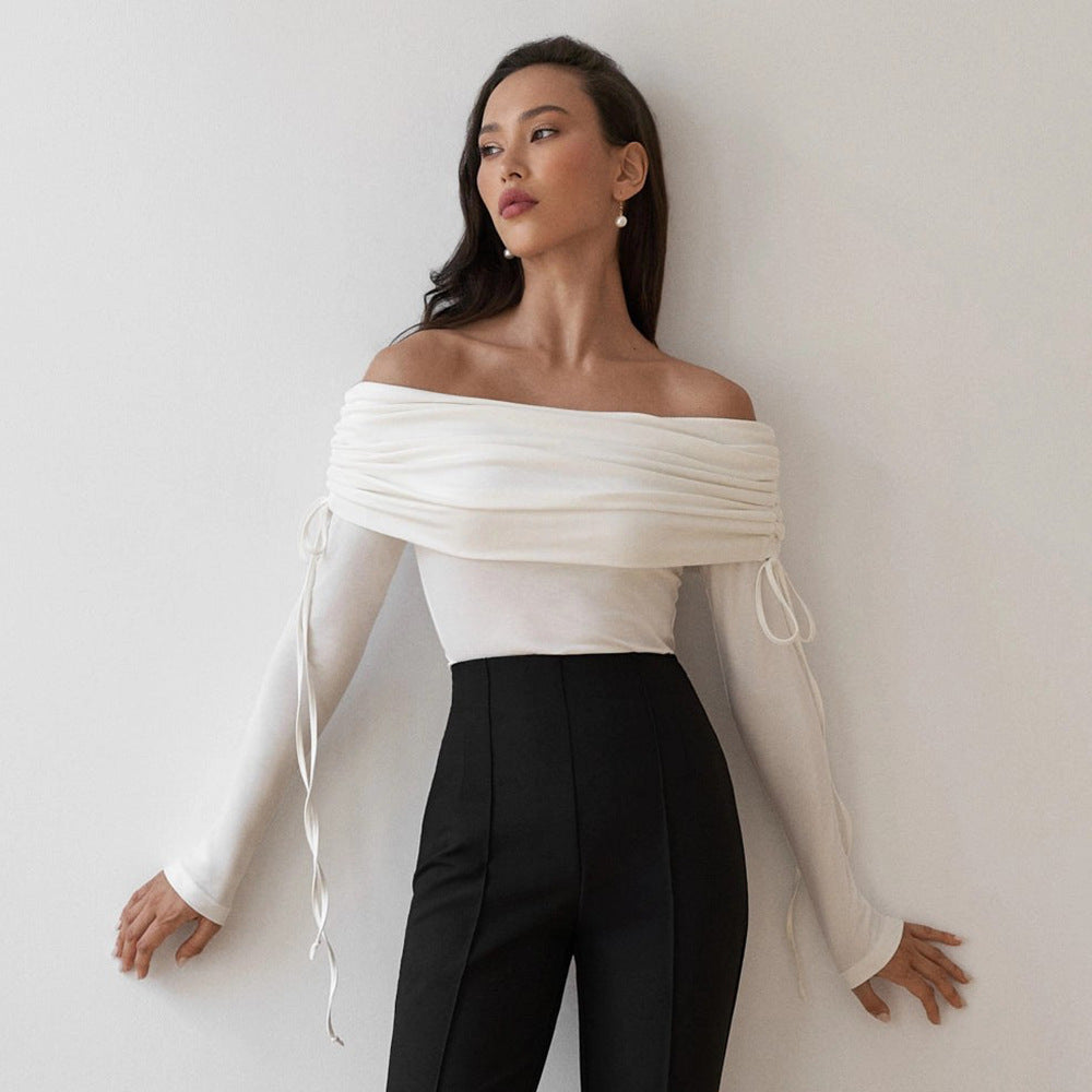 Damen Off-Shoulder Bluse mit Raffungen und langen Ärmeln Drune