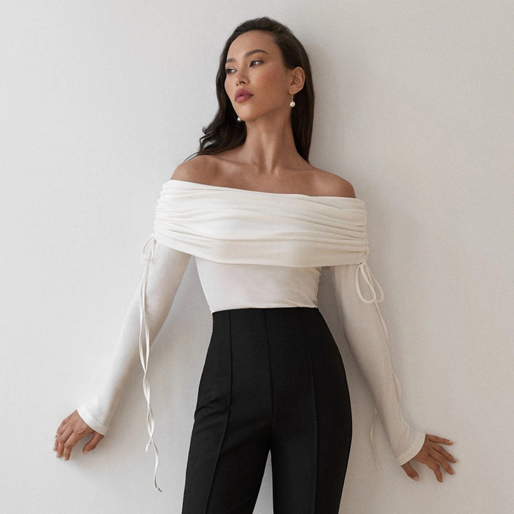 Damen Off-Shoulder Bluse mit Raffungen und langen Ärmeln Drune