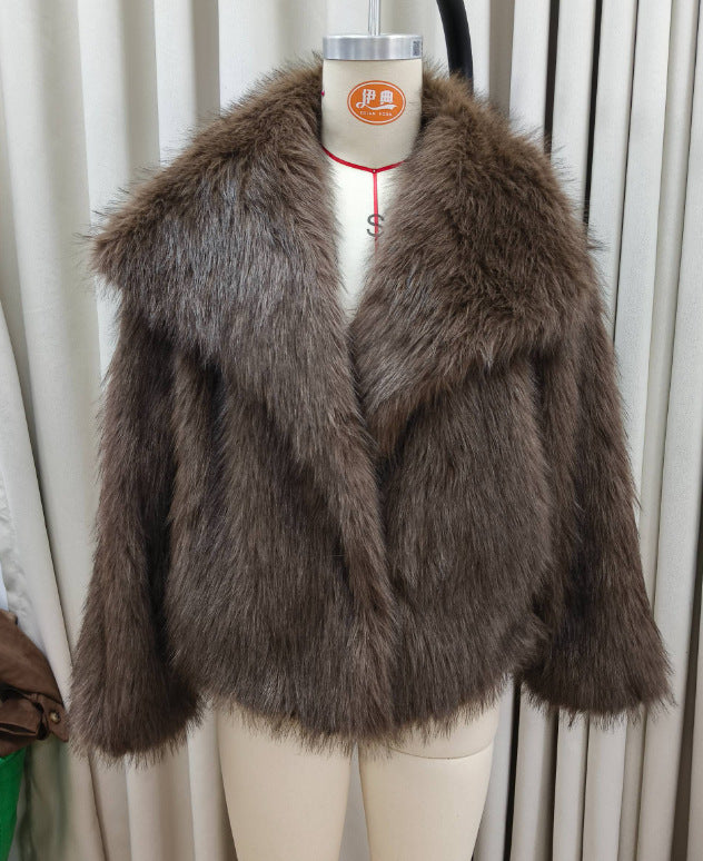 Damen Eleganter Kunstpelzmantel mit voluminösem Kragen Drune