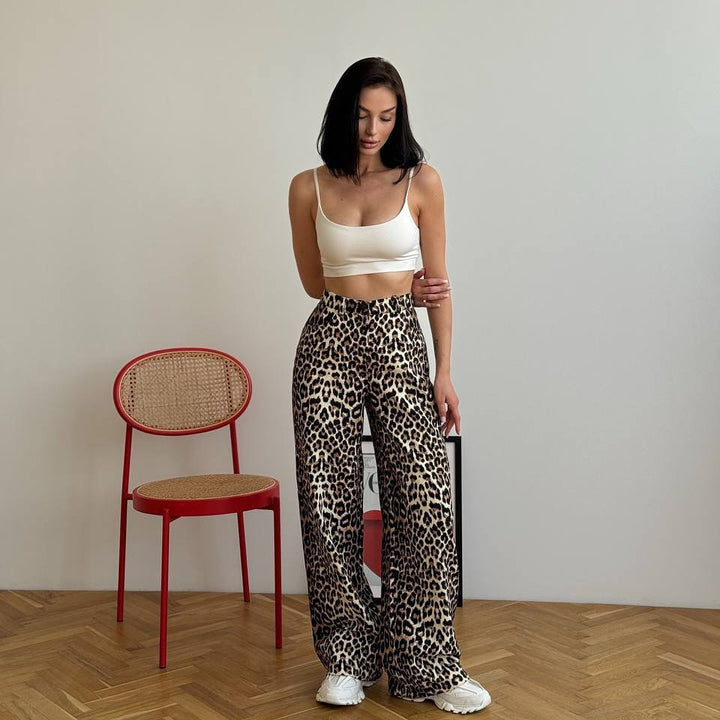 Damen weit geschnittene Leopard-Denimhose mit elastischem Bund Drune