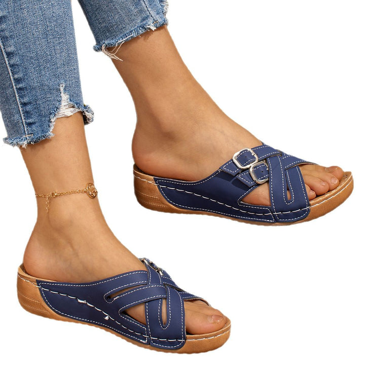 Damen nan Lederimitat-Pantolette mit überkreuzten Komfortriemen, verstellbaren Doppelschnallen und ergonomischem Memory-Fußbett Drune